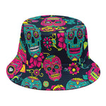 Teal Pink Sugar Skull Pattern Print Bucket Hat