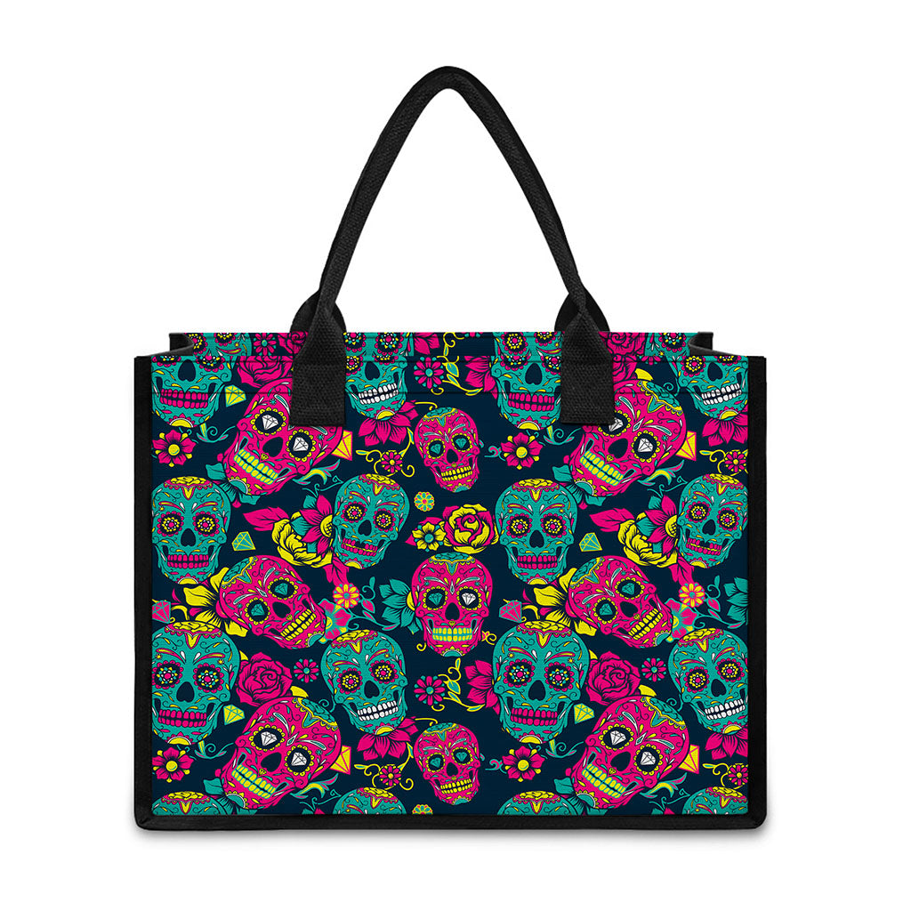 Teal Pink Sugar Skull Pattern Print Canvas Tote Bag