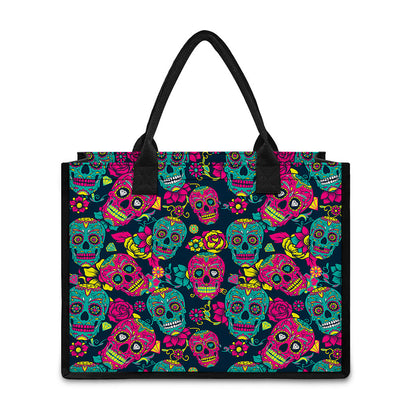 Teal Pink Sugar Skull Pattern Print Canvas Tote Bag