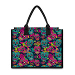Teal Pink Sugar Skull Pattern Print Canvas Tote Bag