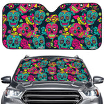 Teal Pink Sugar Skull Pattern Print Car Windshield Sun Shade