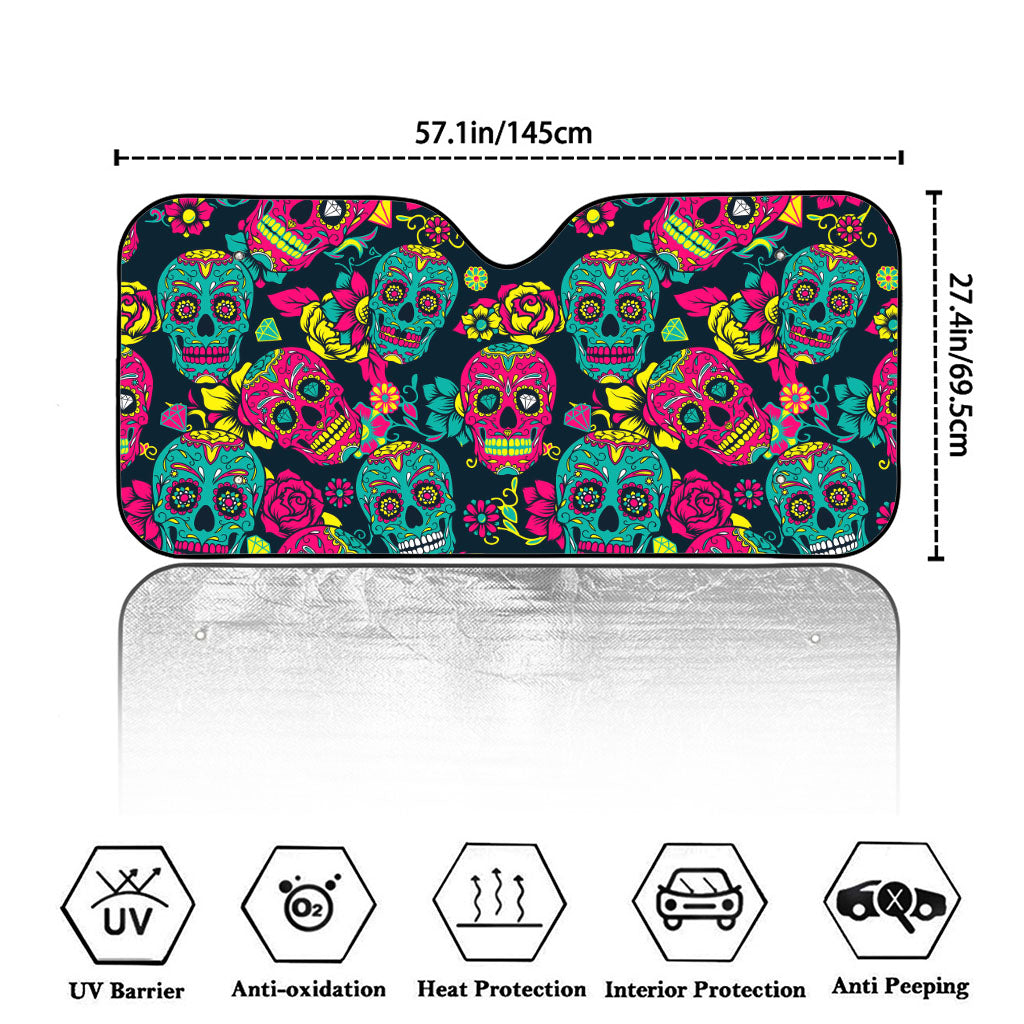 Teal Pink Sugar Skull Pattern Print Car Windshield Sun Shade