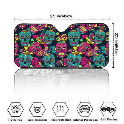 Teal Pink Sugar Skull Pattern Print Car Windshield Sun Shade