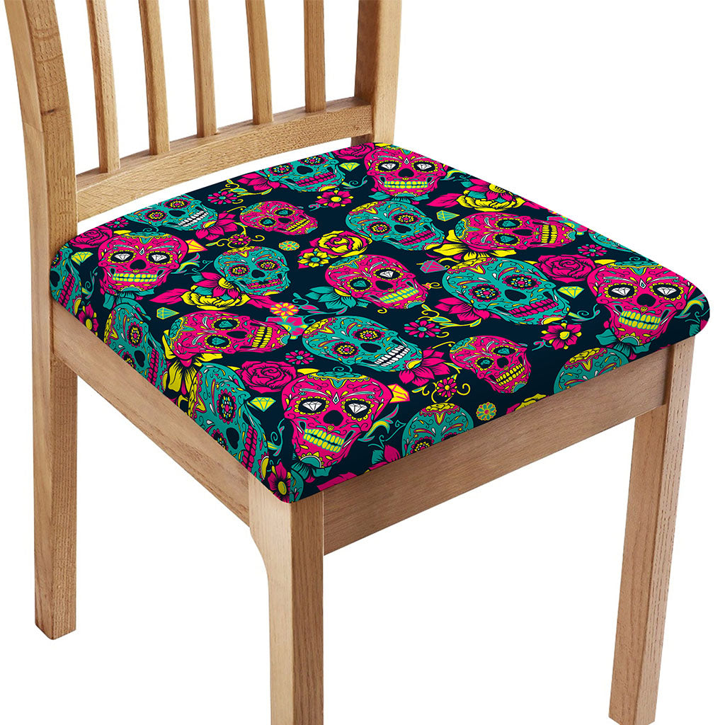 Teal Pink Sugar Skull Pattern Print Chair Cushion Cover