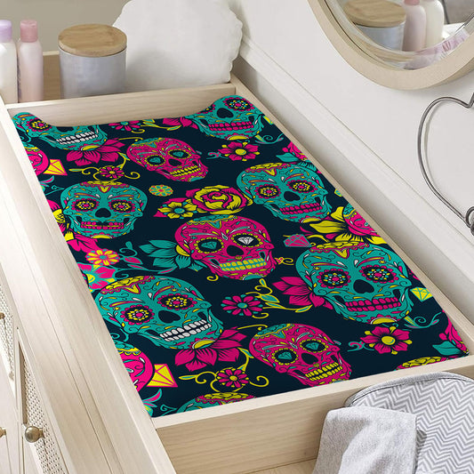 Teal Pink Sugar Skull Pattern Print Changing Pad Cover
