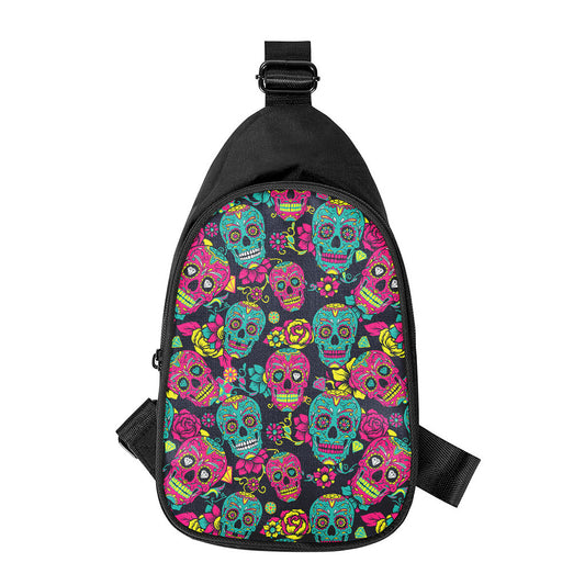 Teal Pink Sugar Skull Pattern Print Chest Bag