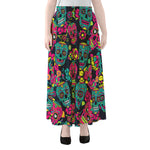 Teal Pink Sugar Skull Pattern Print Chiffon Maxi Skirt