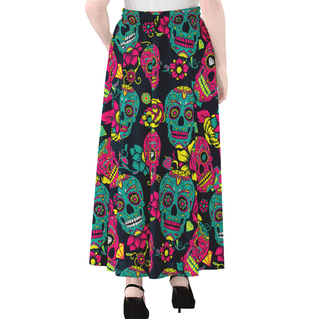 Teal Pink Sugar Skull Pattern Print Chiffon Maxi Skirt