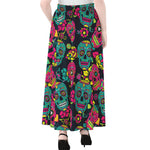 Teal Pink Sugar Skull Pattern Print Chiffon Maxi Skirt