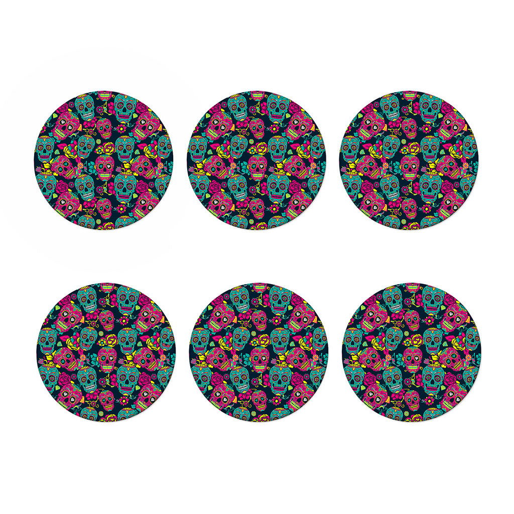 Teal Pink Sugar Skull Pattern Print Coaster Set