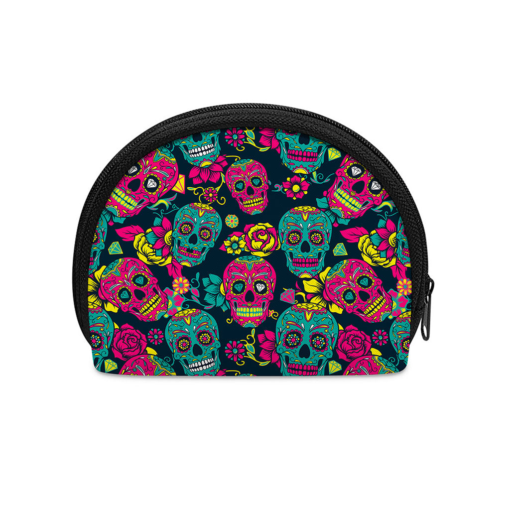 Teal Pink Sugar Skull Pattern Print Coin Purse