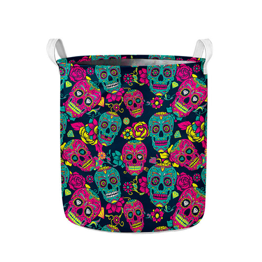 Teal Pink Sugar Skull Pattern Print Collapsible Laundry Basket