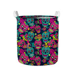 Teal Pink Sugar Skull Pattern Print Collapsible Laundry Basket