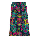 Teal Pink Sugar Skull Pattern Print Cotton Front Slit Maxi Skirt