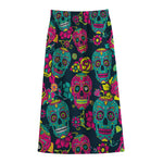 Teal Pink Sugar Skull Pattern Print Cotton Front Slit Maxi Skirt