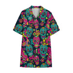 Teal Pink Sugar Skull Pattern Print Cotton Hawaiian Shirt
