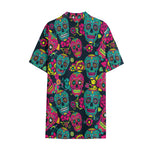 Teal Pink Sugar Skull Pattern Print Cotton Hawaiian Shirt