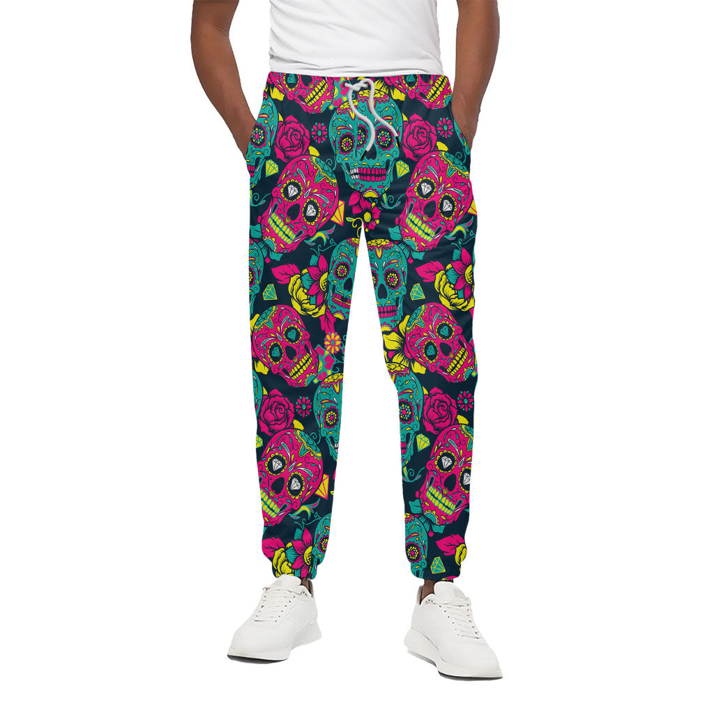 Teal Pink Sugar Skull Pattern Print Cotton Pants