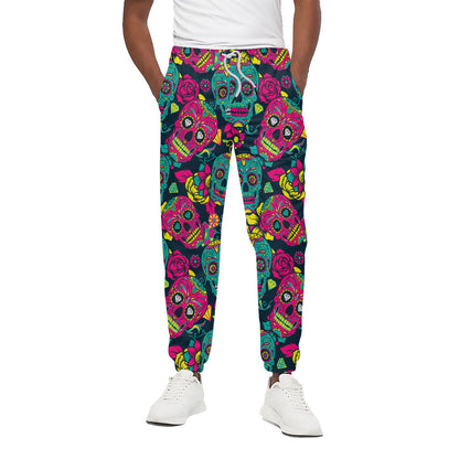 Teal Pink Sugar Skull Pattern Print Cotton Pants