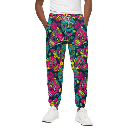 Teal Pink Sugar Skull Pattern Print Cotton Pants