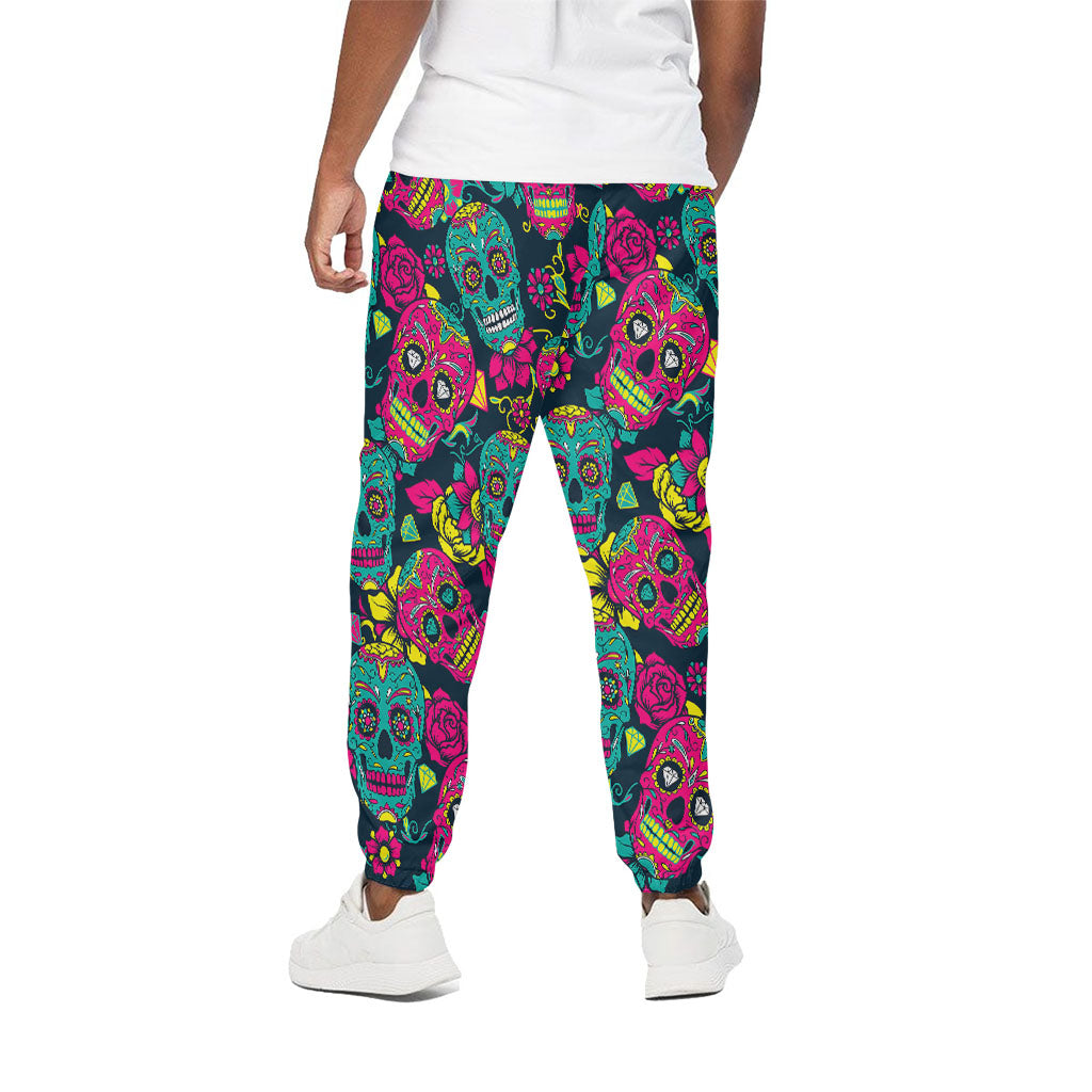Teal Pink Sugar Skull Pattern Print Cotton Pants