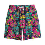 Teal Pink Sugar Skull Pattern Print Cotton Shorts