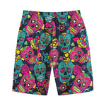 Teal Pink Sugar Skull Pattern Print Cotton Shorts