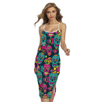 Teal Pink Sugar Skull Pattern Print Cross Back Cami Dress