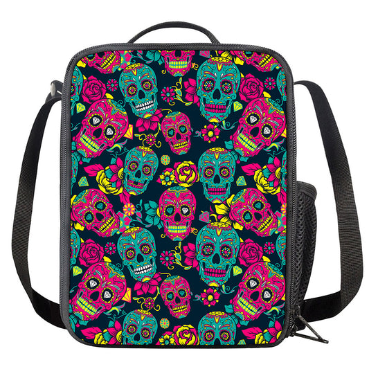 Teal Pink Sugar Skull Pattern Print Crossbody Lunch Bag