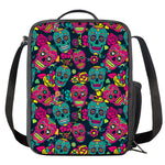 Teal Pink Sugar Skull Pattern Print Crossbody Lunch Bag