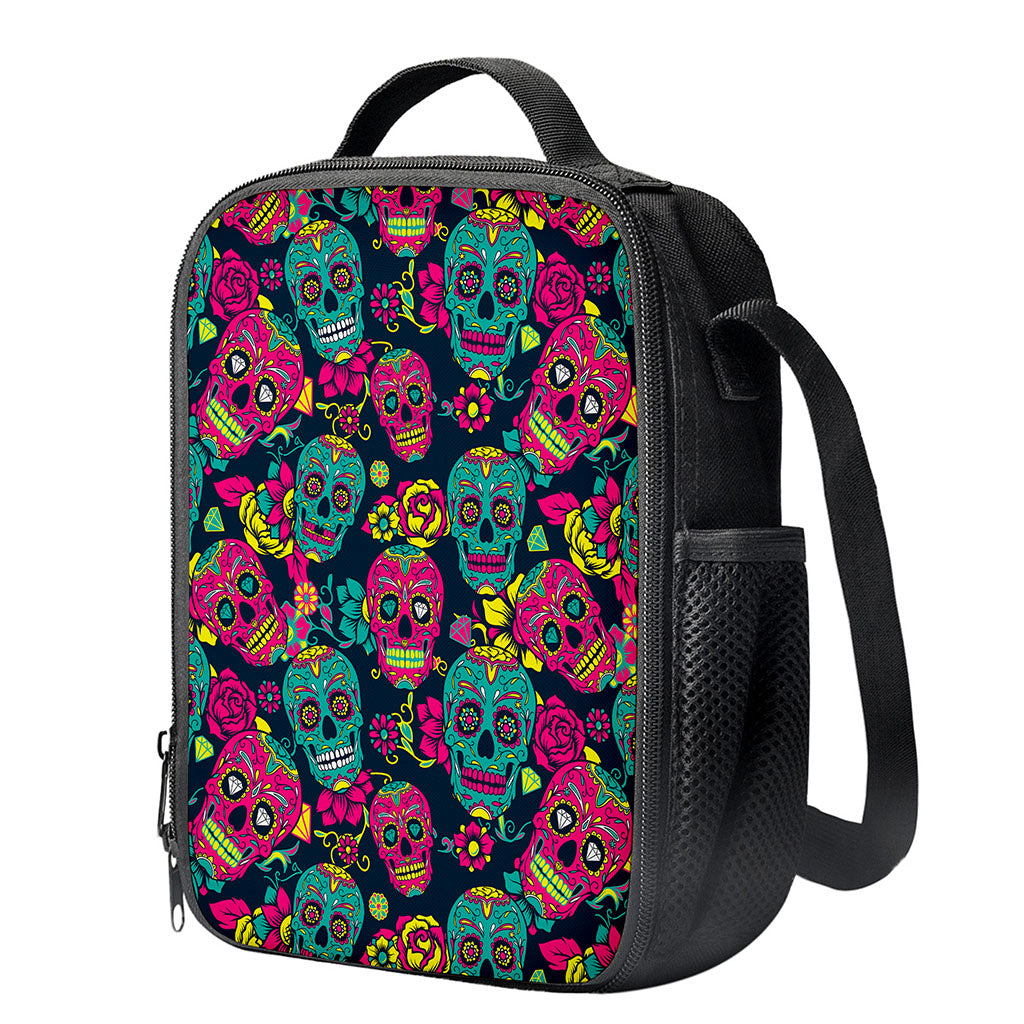 Teal Pink Sugar Skull Pattern Print Crossbody Lunch Bag