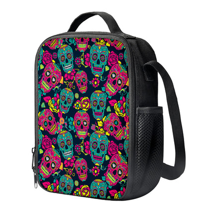 Teal Pink Sugar Skull Pattern Print Crossbody Lunch Bag