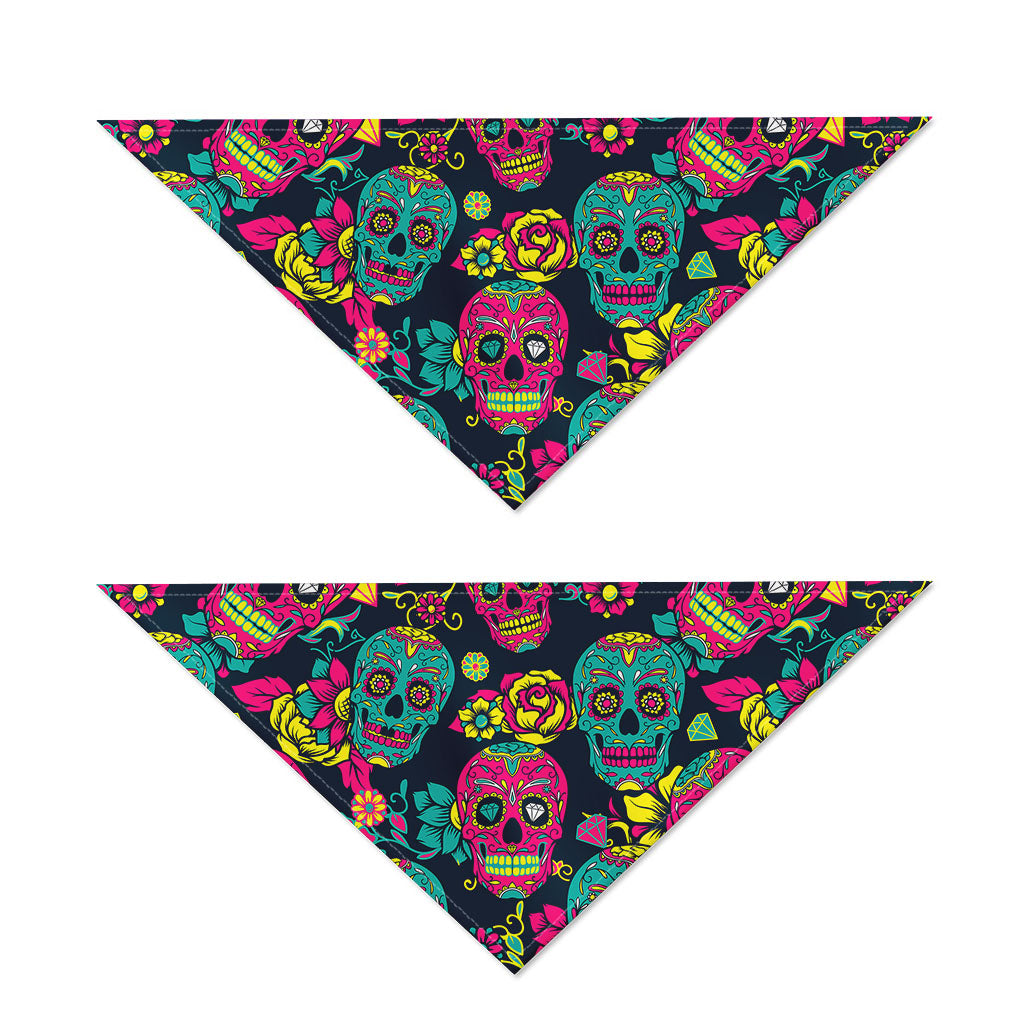 Teal Pink Sugar Skull Pattern Print Dog Bandana