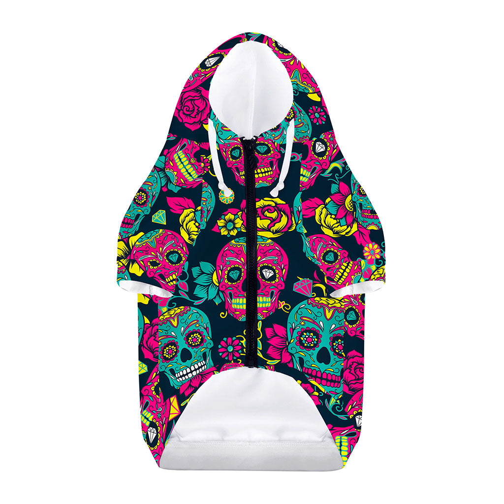Teal Pink Sugar Skull Pattern Print Dog Zip Up Hoodie
