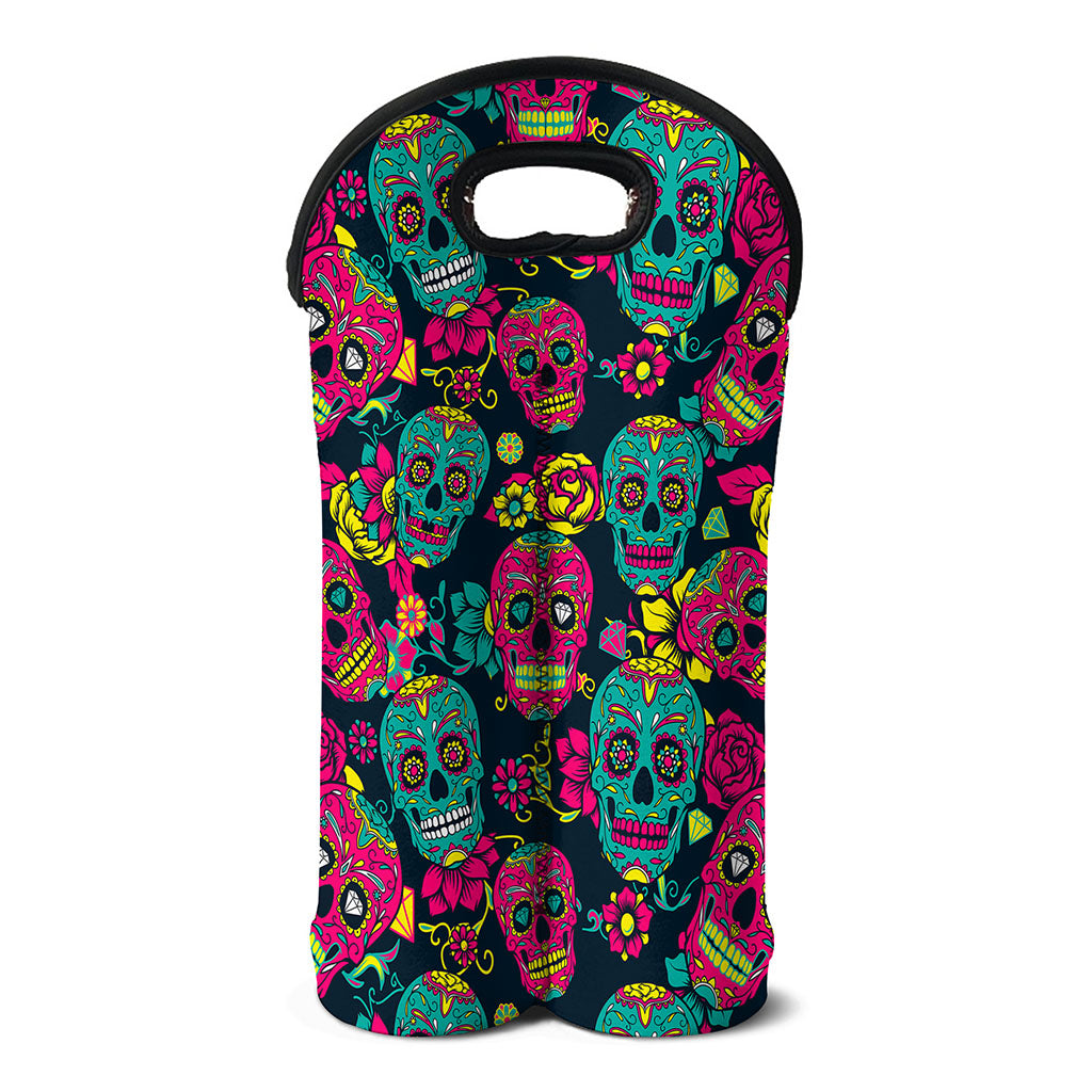 Teal Pink Sugar Skull Pattern Print Double Neoprene Wine Tote