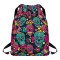 Teal Pink Sugar Skull Pattern Print Drawstring Backpack