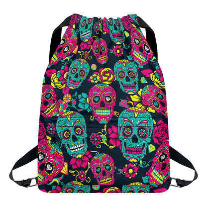 Teal Pink Sugar Skull Pattern Print Drawstring Backpack