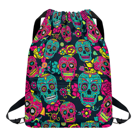 Teal Pink Sugar Skull Pattern Print Drawstring Backpack