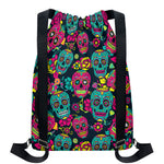Teal Pink Sugar Skull Pattern Print Drawstring Backpack