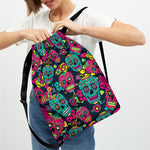 Teal Pink Sugar Skull Pattern Print Drawstring Backpack