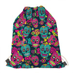 Teal Pink Sugar Skull Pattern Print Drawstring Bag