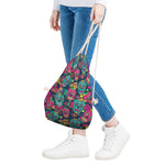 Teal Pink Sugar Skull Pattern Print Drawstring Bag
