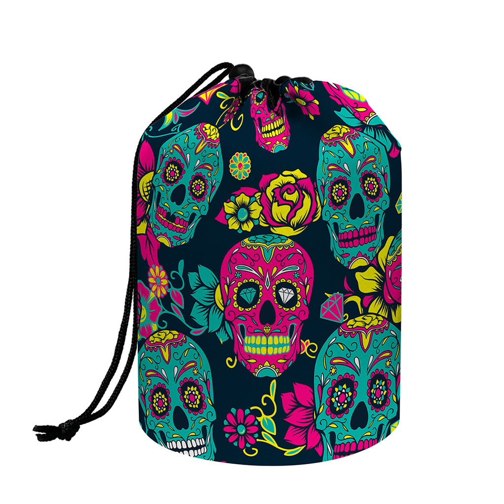 Teal Pink Sugar Skull Pattern Print Drawstring Makeup Bag