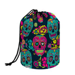 Teal Pink Sugar Skull Pattern Print Drawstring Makeup Bag