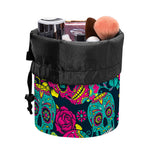 Teal Pink Sugar Skull Pattern Print Drawstring Makeup Bag