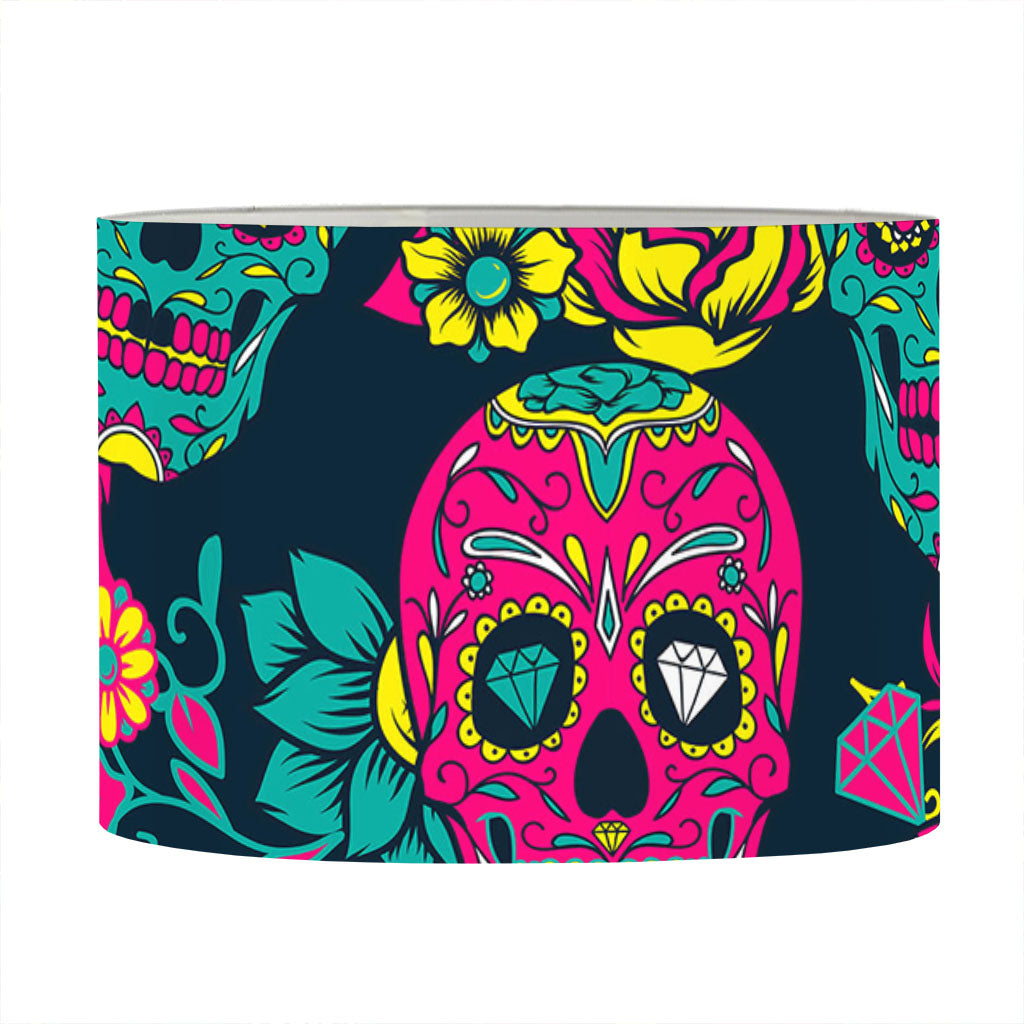 Teal Pink Sugar Skull Pattern Print Drum Lamp Shade
