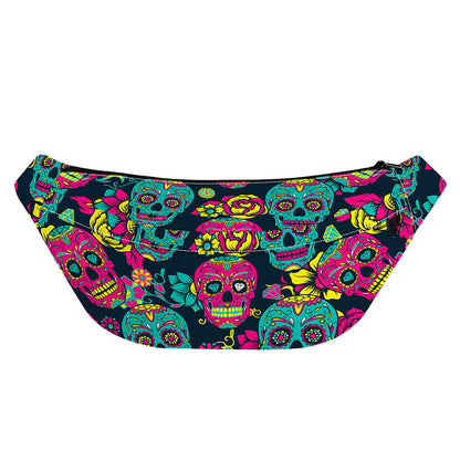 Teal Pink Sugar Skull Pattern Print Fanny Pack