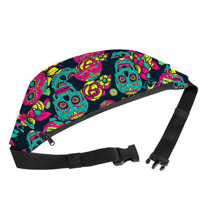 Teal Pink Sugar Skull Pattern Print Fanny Pack