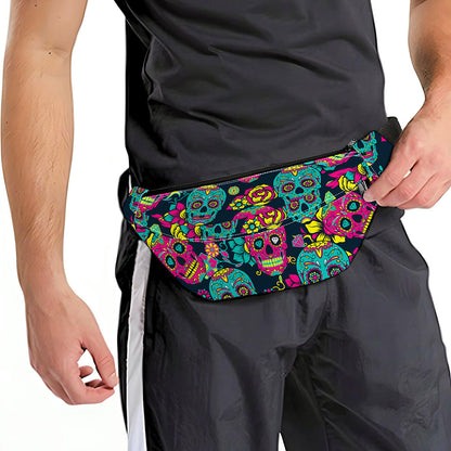 Teal Pink Sugar Skull Pattern Print Fanny Pack