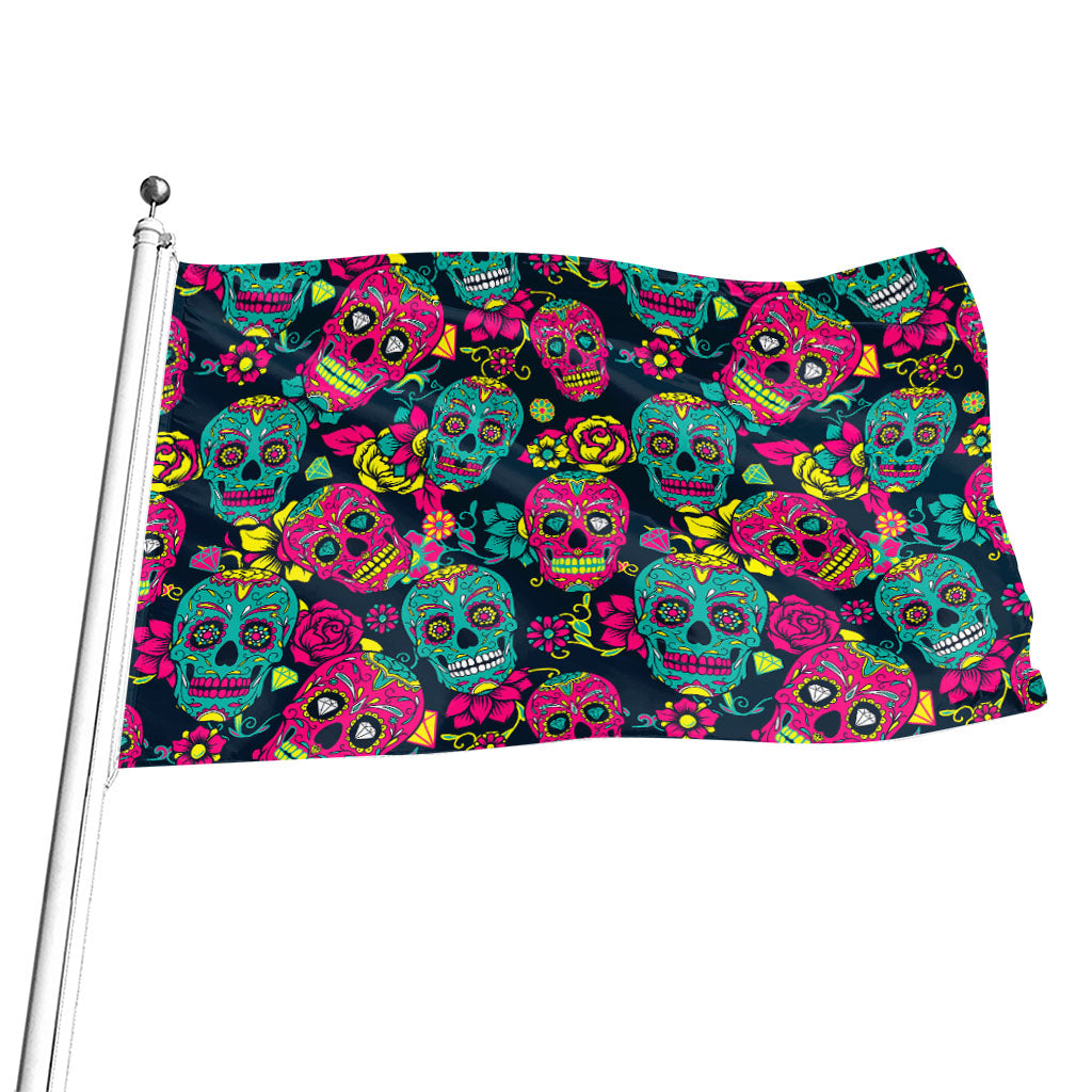 Teal Pink Sugar Skull Pattern Print Flag